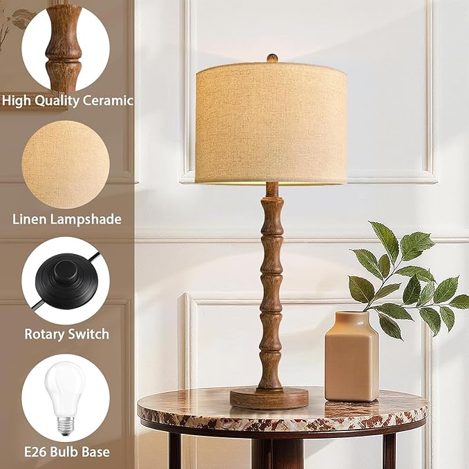 ILLMTW Wood Table Lamp Set of 2,Vintage Buffet Lamps Mid Century Bedside Lamp Wooden Nightstand Lamp Farmhouse Retro Side Tall Table Lamp Rustic Boho for Bedroom Living Room