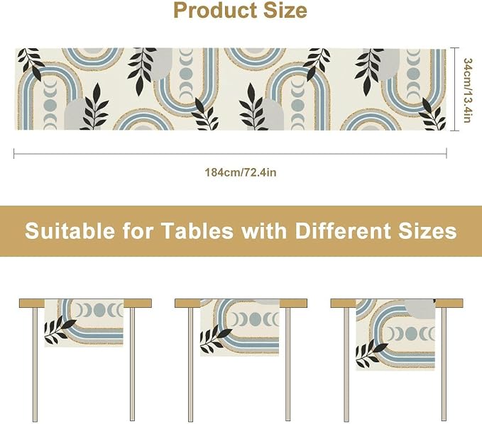 YCness Boho Mid Century Abstract Table Runner Modern Sun Moon Phase Minimalist Aesthetic Leaves Arch Geometric Table Runner for Dining Party Table Decor, 13x90 Inch Grey
