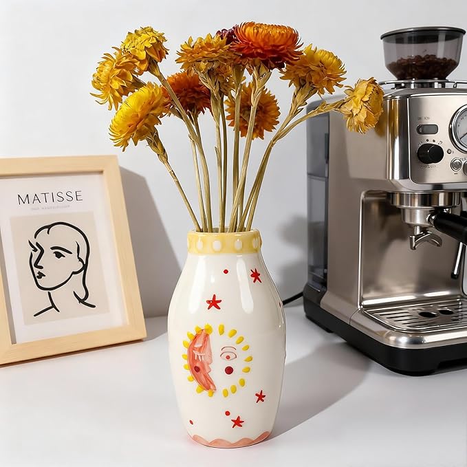 MOUGIGI Unique Ceramic Vase, Cute Boho Decor, Small Cream Vase for Dried Flowers or Single Bud - Sun and Moon Face Design