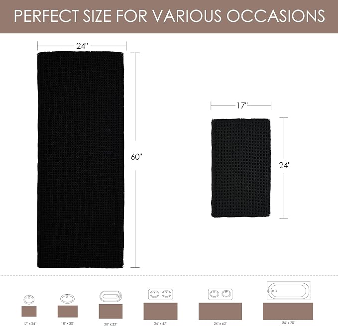 KGORGE Non Slip Black Waffle Bath Mat, Super Absorbent Quick Dry Soft Washable Small Bathroom Rugs with Tassels for Bathroom Floor Shower Tub Hotel Kitchen Entryway, 18" W x 30" L, 1 Piece