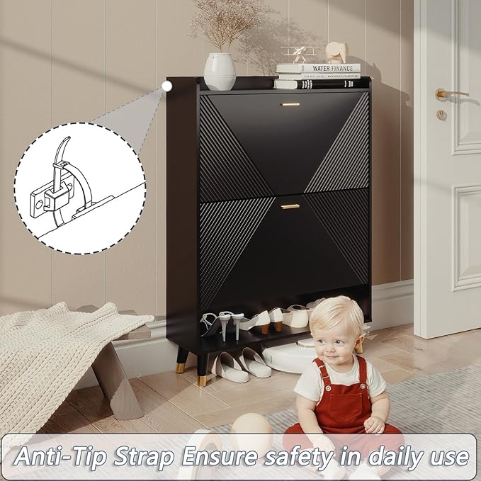 Ultra Thin Shoe Cabinet Storage for Entryway: 65" Black Narrow Shoe Cabinet with 4 Flip Drawers, Fluted Shoes Rack Hidden, Modern Slim Shoes Organizer for Hallway (Black, 4 Drawers)