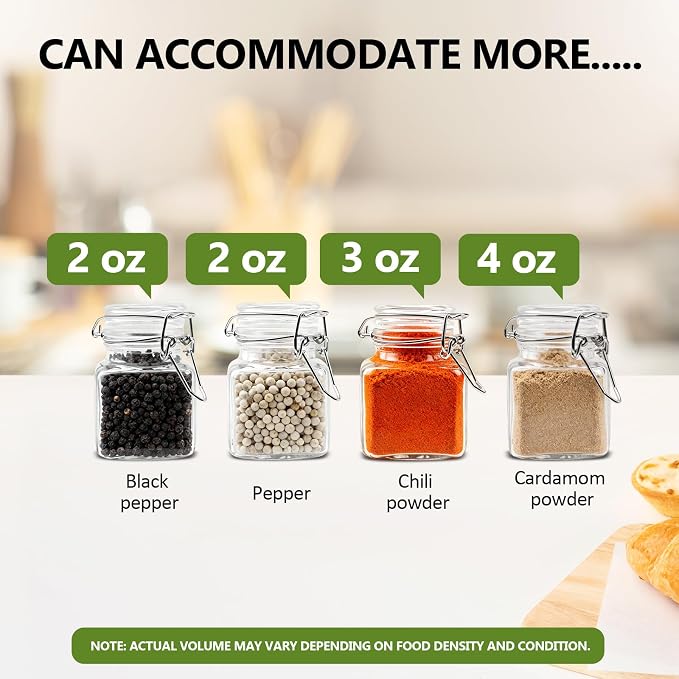 R DRURLCD 20 Pack 4 oz Square Small Glass Spice Jars for Herbs with Airtight Hinged Lids, Spice Containers with Labels,Marker,Spoons,Funnel for Seasoning,Honey Kitchen Storage Wedding Favors