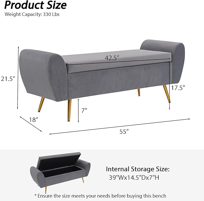 Storage Bench for Bedroom, 55" Extra Long Bench for King Size Bed, Modern Upholstered End of Bed Ottoman Bench with Arms for Entryway Living Room (Velvet, Dark Grey)