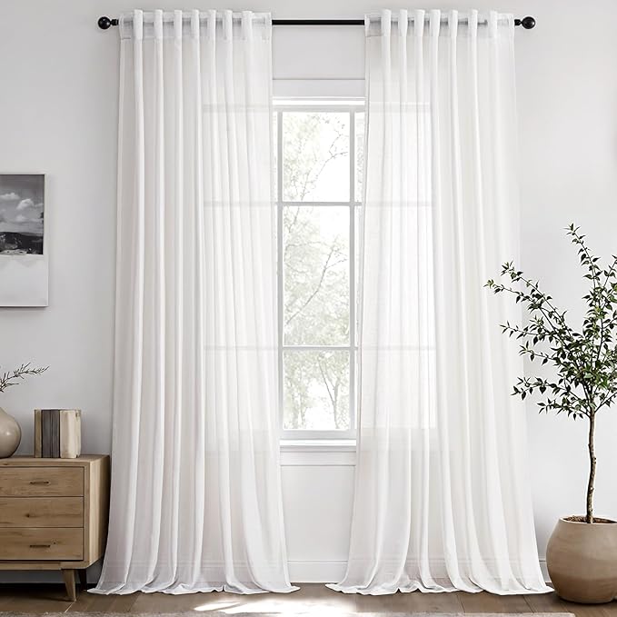 ANRODUO Pure White Faux Linen Curtains 86 Inch Length 2 Panels Back Tab Rod Pocket Semi Sheer Light Filtering Drapes for Living Room Bedroom Modern Farmhouse Rustic Neutral Style Window Treatments