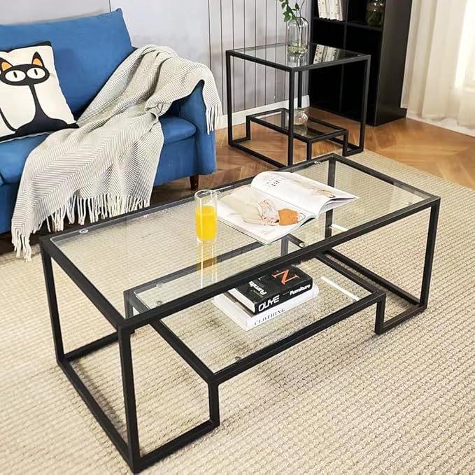 Black Metal Glass Coffee Table - Simple Center Coffee Table for Living Room Home, Metal Frame Coffee Table with 2 Shelves,Modern Table for Bedroom, Dinning Room,Office Décor