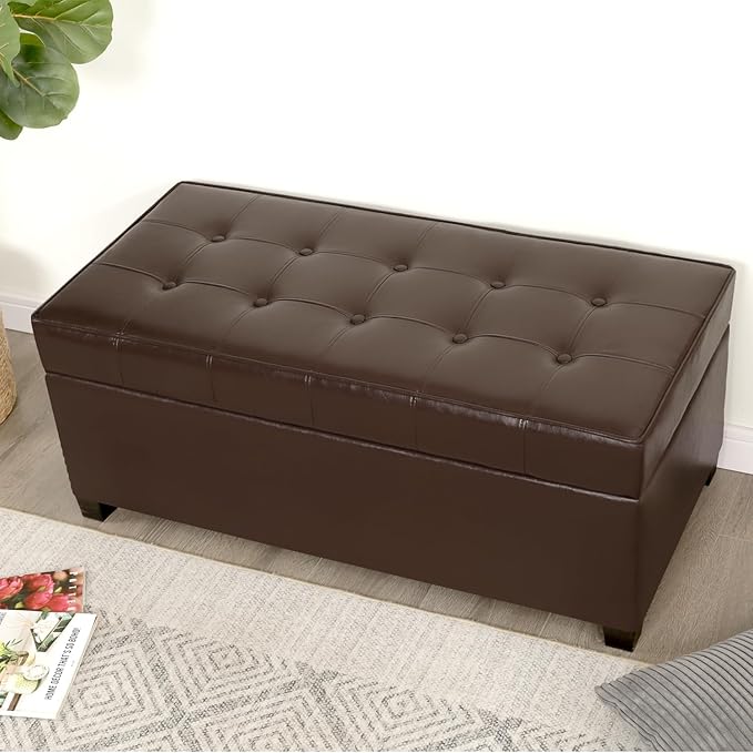 Homebeez 40" Faux Leather Storage Ottoman Bench, End of Bed Bench, Upholstered Bench with Storage for Living Room,Bedroom,Entryway (40" Brown)