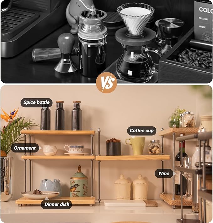 Ultra-Thick 24mm Solid Wood Coffee Station Organizer&Spice Rack for Kitchen Countertop, Corner Industrial 3-Tier Adjustable Shelf with 10mm 304 Thread Rods for Heavy Espresso Gear, Natural