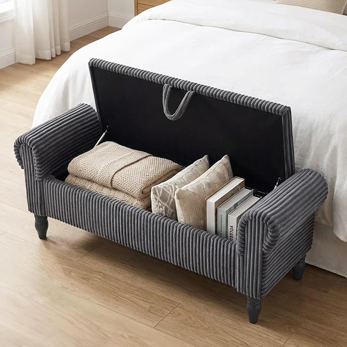 Storage Bench for Bedroom, Ottoman with Storage, Upholstered Ottomans Benches with Rolled Arm for Bedroom End of Bed, Living Room, Entryway (Gray)