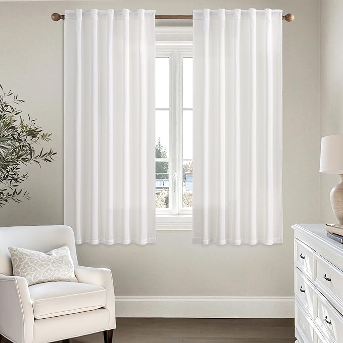 MIULEE Faux Linen Curtains 63 Inch Length 2 Panels Heathered White Semi Sheer Curtain with Back Tab Rod Pocket, Light Filtering Window Privacy Burlap Drapes for Living Room Bedroom 42W x 63L