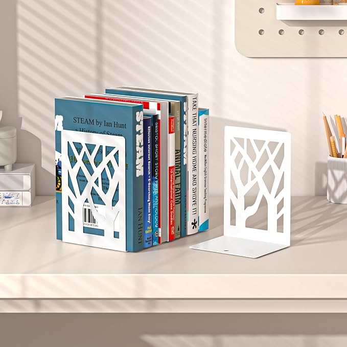 VFINE Withe Bookend 6-Piece, Tree Design Bookends for Shelves, Metal Book Ends for Desk, Decoration Stylish Bookshelf Bookends for Home Office School Supplies