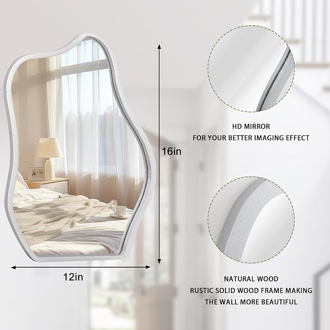 Modern Asymmetrical Mirror Unique Irregular Wooden Framed Mirror for Wall Hanging Mirror Artistic Cloud Shape Wall Mirror Decor Bathroom Bedroom Living Room Entryway Hallway Small