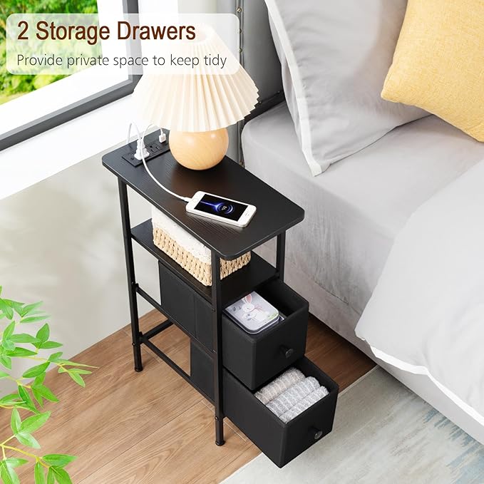 LOAKEKEL Narrow Nightstand with Charging Station, End Tables Living Room Set of 2, Skinny Side Table with Fabric Drawers, Slim Sofa Table for Bedroom, Small Spaces, Couch, Black, HETNDP02BK
