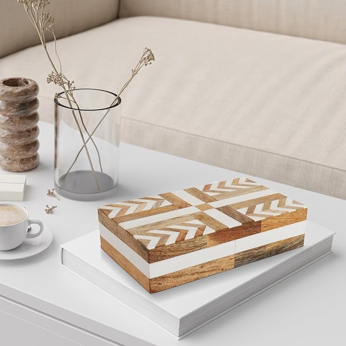 Handicrafts Home White Decorative Storage Box with Lid Wooden Storage Organizer Box Multi Purpose Storage Box for Coffee Table Desk Shelf Decor – Resin Inlay Patisserie Adorn Collection- 10x6x2.5