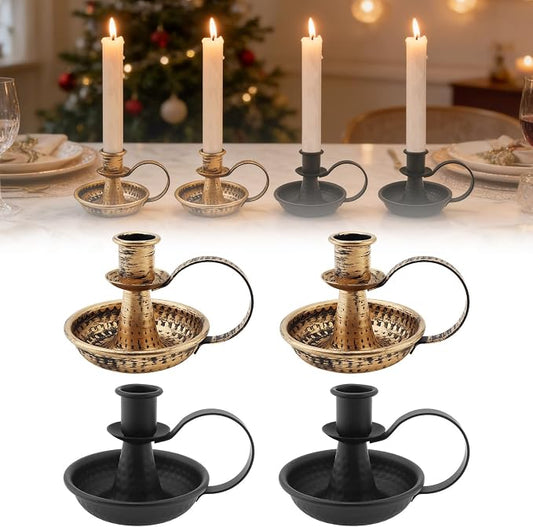 4 Pcs Retro Iron Taper Candle Holder, Black & Bronze Candlestick Holders with Handle Candlelight Stand for Farmhouse Decor Home Wedding Party Table Decoration (4, 2pcs Black+2pcs Bronze)