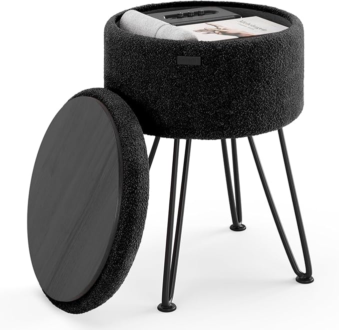 Round Ottoman with Storage, Boucle Storage Ottoman, Foot Stool Ottomans, Makeup Vanity Stool, Small Ottomans Foot Rest, Modern Vanity Stools for Living Room and Bedroom, Black