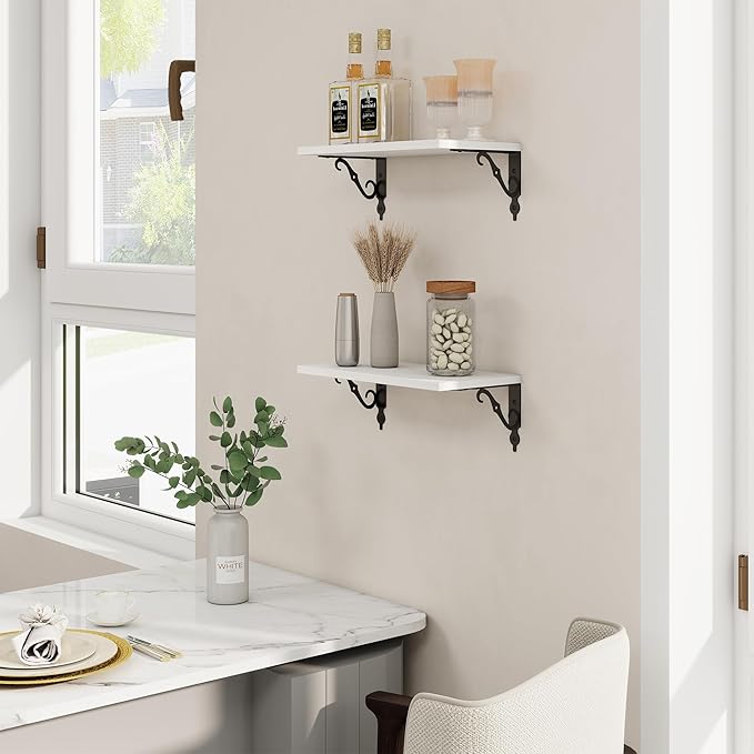 RICHFOCUS Floating Shelves for Wall Decor, 8 Inch Deep Shelves Set of 2, 16W x 8D Floating Shelves Wall Mounted with Metal Brackets, Rustic Wood Shelves for Living Room Bedroom Kitchen, White
