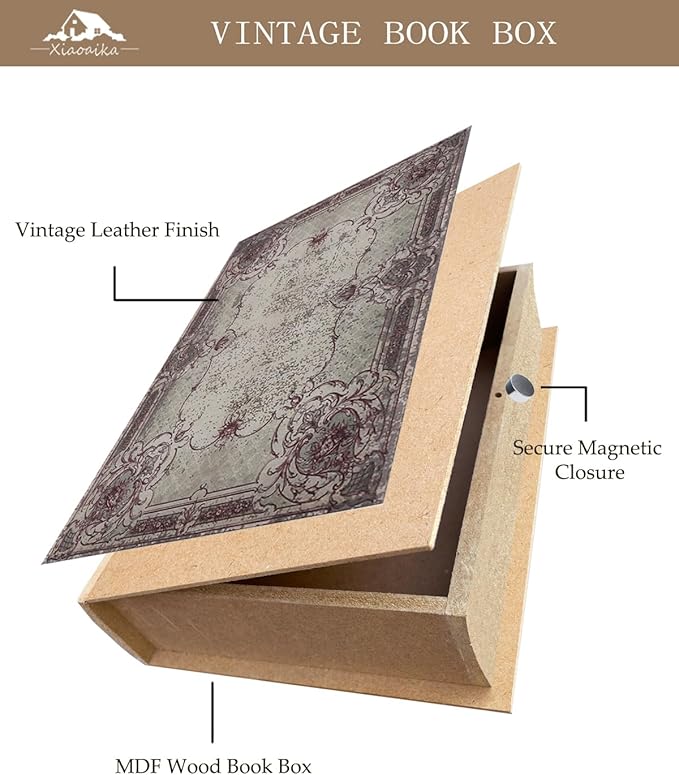 Decorative Wooden Book Box - Vintage Faux Book Boxes for Home Decor, Secret Storage with Magnetic Closure, Antique Style, Leather Cover Design, Perfect for Home Office Bookshelf, 10x7x1.6 Inches