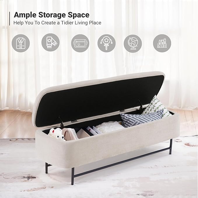 56" Boucle Storage Bench for Bedroom, Upholstered Teddy Ottoman Bench, Modern Extra Long Storage Bench for End of Bed/Entryway/Livingroom/Window (TAN)