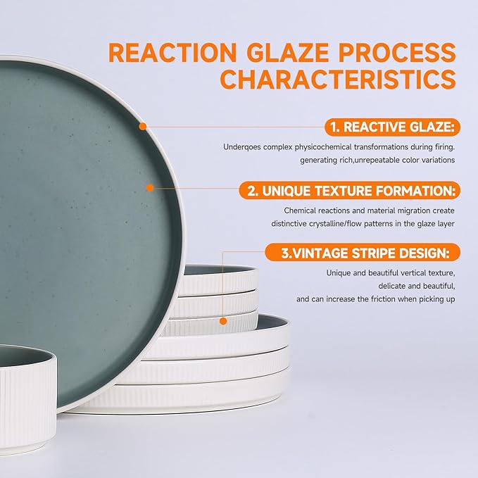 MONITO Ceramic Dinnerware Sets for 4, 12PCS Stoneware Plates and Bowls Sets, Reactive Glaze Dish Set, Chip and Scratch Resistant Double, Microwave and Dishwasher Safe, White Cyan