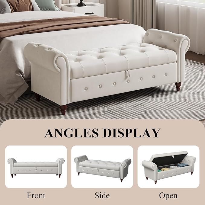 Modern 63'' Storage Ottoman Bench, Upholstered End Bed Bench with Curved Armrest, Button Tufted Entryway Bench with Wood Legs, Bed Bench for Bedroom, Living Room, Hallway (Beige)