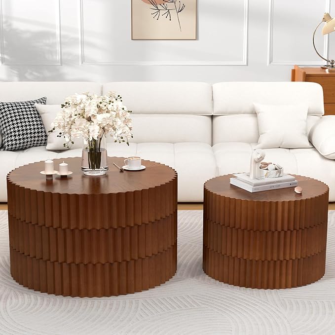 Round Nesting Coffee Table Set of 2 Modern Fluted Coffee Table Walnut Round End Table Small Side Table Circular Coffee Tables Circle Nested Coffee Tables for Living Room (Brown Large)