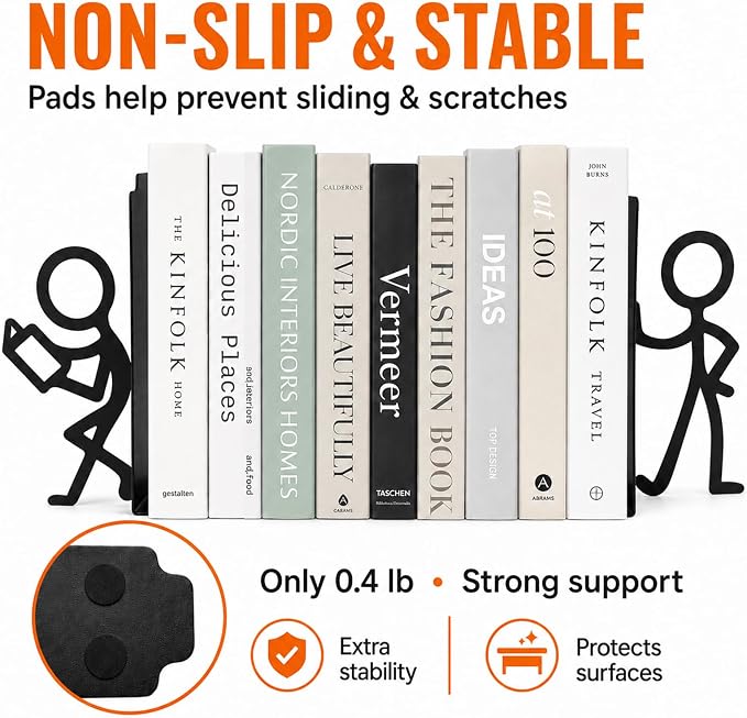 Metal Bookends for Bookshelf, Desk, Home & Office, Decorative Stick Figure Book Holder, Space-Saving, Sturdy, Non-Slip Pads, Supports More Books, Lightweight 6.7"x5.9"x1.4"