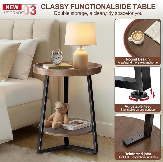 Round End Table Set of 2, 2-Tier Tray Top Side Table Decor Table, Ultra Stable Coffee End Table/Nightstand, Modern Farmhouse Couch Table for Living Room, Bedroom, Bedside Stand or Small Spaces, Walnut