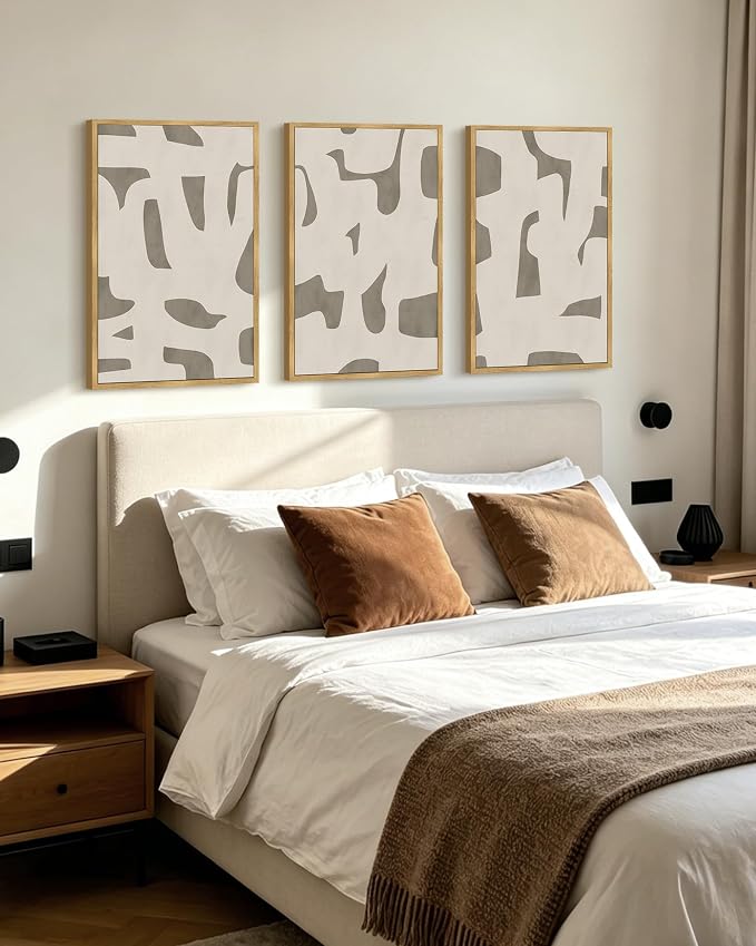 PHOPAGO Boho Mid-Century Modern Framed Wall Art 16x24in Geometric Neutral Wall Decor Bohemain Minimalist Artwork Home Office Dining Room Decor - Natural Framed