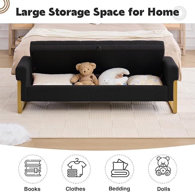 67" End of Bed Storage Bench King Size, Bench for Bedroom Foot of Bed, Upholstered Teddy Storage Ottoman with Gold Legs for Window Living Room, Teddy Black