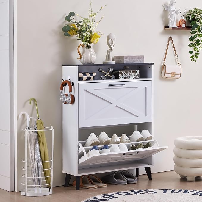 Joaxswe Shoe Cabinet Storage for Entryway with 2 Flip Drawers 2 Hook Open Storage Layer Rack Narrow Organizer Slim Hidden Wood Shoe Cabinet Furniture White