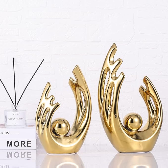 LCCCK 12" H Gold Aesthetic Room Decor Accent, TV Stand Funky Table Centerpiece, Abstract Art Ceramic Statue and Sculpture, Gold Decor for Living Room, Bookshelf Decorative Objects, Shelf Decor