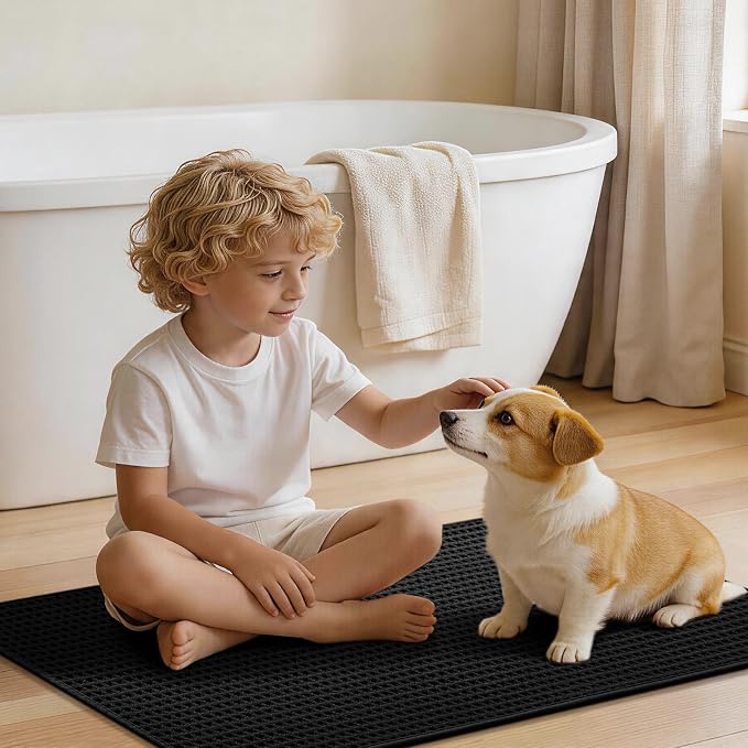 YIHOUSE Waffle Bath Mat, Ultra Soft & Absorbent Bathroom Rug, Non-Slip Rubber Backed, Quick Dry Shower Mat, Boho Farmhouse Bathroom Decor, Machine Washable, Black, 17 * 30