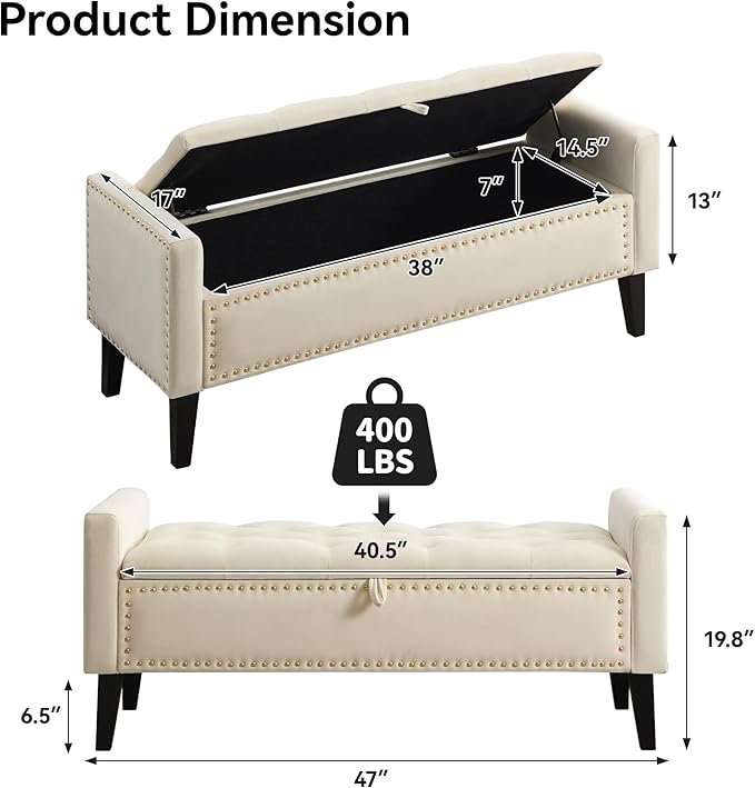 WUTUTUEE 47" Velvet Storage Bench, Upholstered Bed Bench with Storage, End of Bed Ottoman with Wooden Legs,Bedside Storage Bench for Bedroom, Living Room, or Entryway, Beige