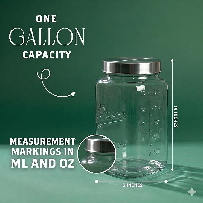 kitchentoolz 1 Gallon Glass Jar with Lid - Extra Large Mason Jar Wide Mouth with Airtight Metal Screw On Lid - Square Glass Storage Container with Measurements for Flour, Sugar, Cookies & Pickling
