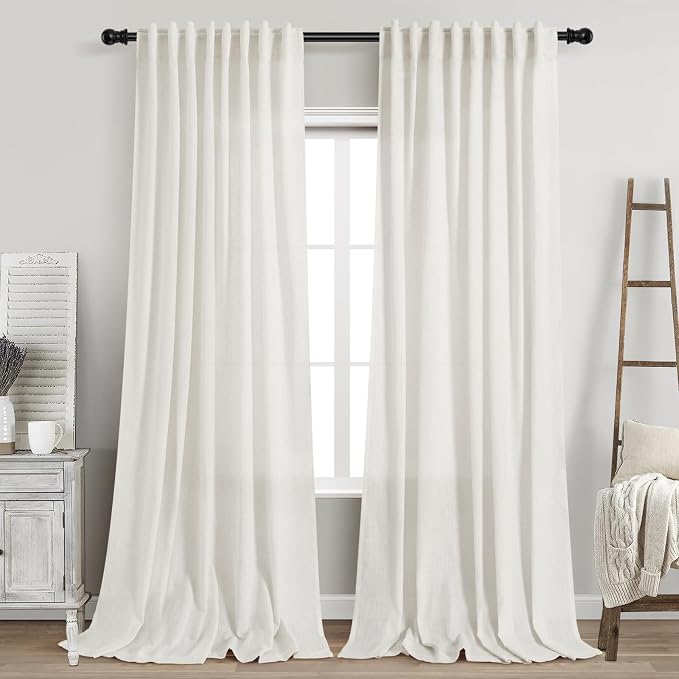 Nanspring Extra Long 108 Inch Curtains Linen for Living Room Beige White Coastal Decor Privacy Light Filtering Curtains Back Tab Rod Pocket Floor to Ceiling Curtain for Bedroom Office 9Ft 60x108