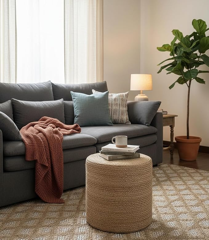 Jute Pouf Ottoman | Footrest Pouf | Hand Braided - Round Boho Pouffe - for Living Room, Bedroom, Nursery (16"x16"x16") Brown