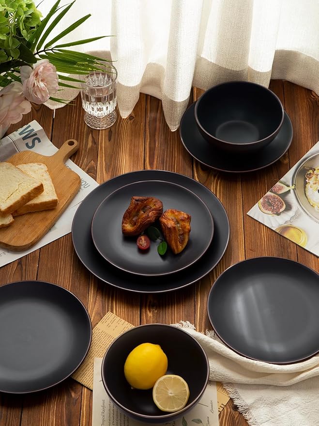 Famiware Venus Plates and Bowls Sets with Trim, 24 Pieces Stoneware Chip Resistant Dinnerware Dishes for 8, Matte Black - Microwave/Dishwasher Safe, Modern Minimalist, for Everyday Meals/Formal Dining