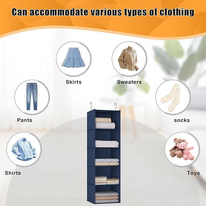 Hanging Closet Organizer and Storage 5-Shelf, Easy Mount Foldable Hanging Closet Wardrobe Storage Shelves, Clothes Handbag Shoes Accessories Storage, Washable Oxford Cloth Fabric, Navy Blue
