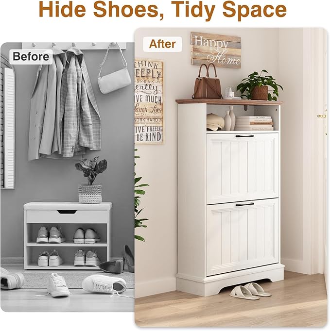 Shoe Storage Cabinet with 2 Flip Drawers, 24" W Farmhouse Modern Hidden Shoes Rack Cabinet with Adjustable Shelves & Open Storage, Narrow Slim Shoe Organizer for Entryway, Hallway, Antique White