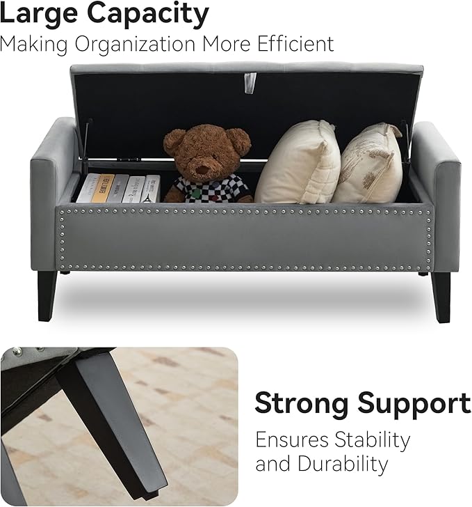 WUTUTUEE 47" Velvet Storage Bench, Upholstered Bed Bench with Storage, End of Bed Ottoman with Wooden Legs,Bedside Storage Bench for Bedroom, Living Room, or Entryway, Dark Grey