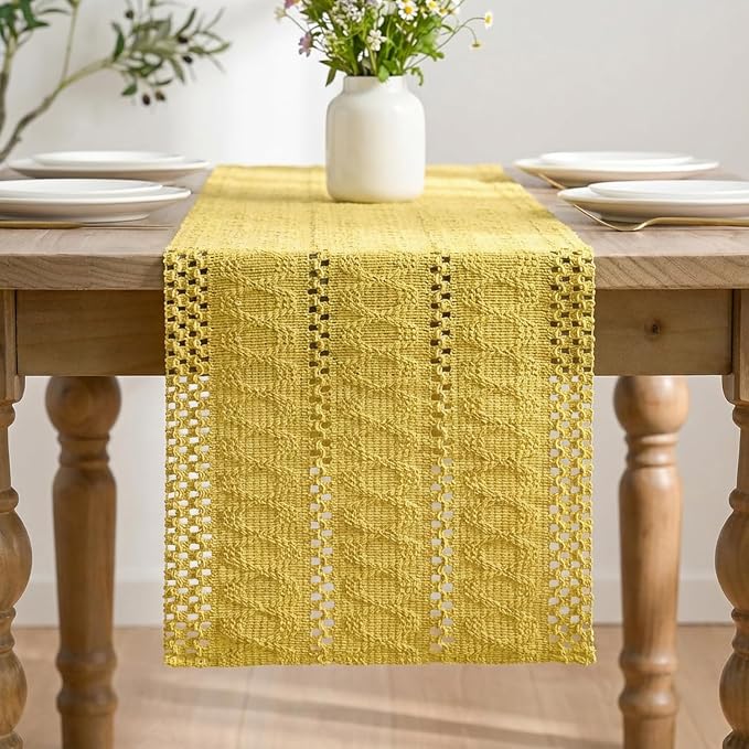 Artoid Mode Yellow Farmhouse Woven Rustic Hollow Table Runner, Seasonal Holiday Hollow Kitchen Dining Table Decoration for Home Party Decor 12x72 Inch