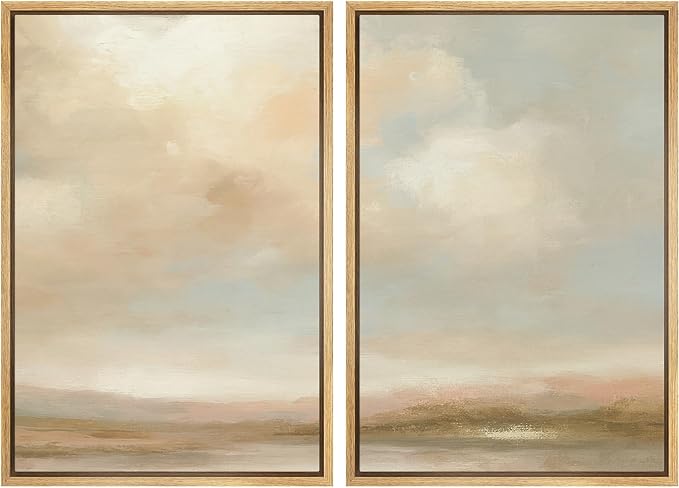 SIGNLEADER Framed Canvas Print Wall Art Soft Pastel Sky Distant Hills Landscape Illustrations Modern Art Decorative Minimal Relax/Calm for Living Room, Bedroom, Office - 24"x36"x2 Natural