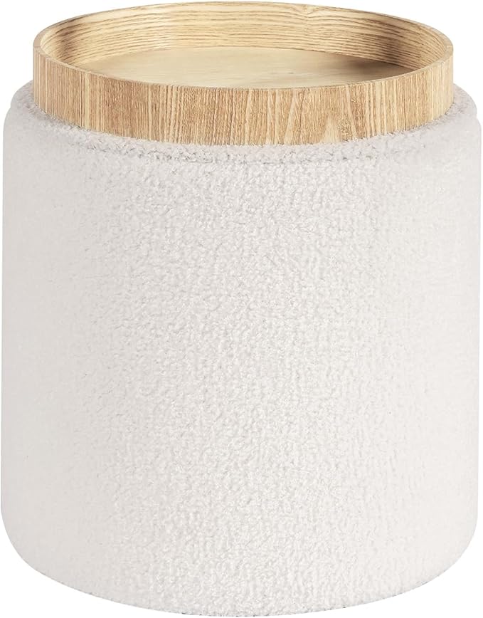 PINPLUS Round Storage Ottoman Boucle Ottoman with Tray, Teddy Velvet Footstool Cube for Living Room, Bedroom, Dorm 13.4"x13.4"x15" (White)