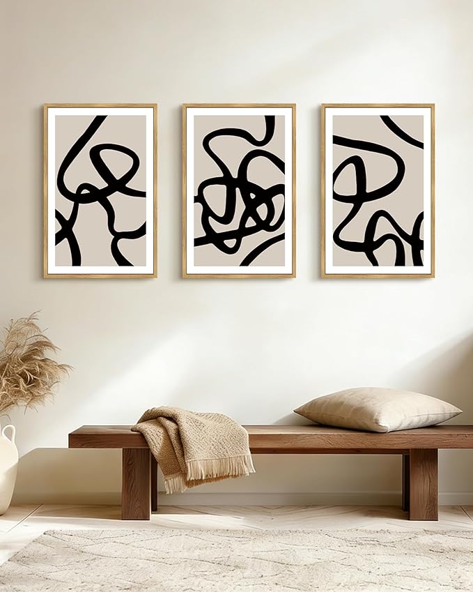 PHOPAGO Black and Gray Abstract Framed Wall Art Large 16x24in Decor Ink Wash Dark Brush Stroke Prints Shapes Illustrations Modern Art Decorative Ready To Hang - Natural Framed