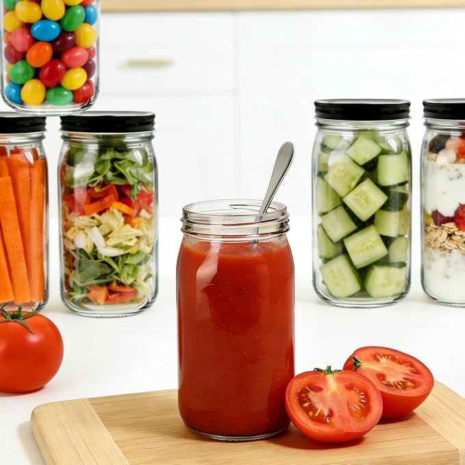 QAPPDA 32 OZ Glass Jars with Lids Set of 12,Clear Wide Mouth 1000ML Glass Mason Jar with Airtight Lid,Durable Glass Food Storage Canning Jars for Pickles,Jams,Preserving