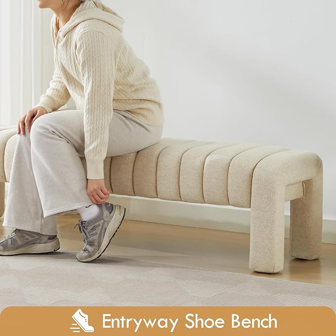 63" Upholstered Bed Bench, Channel Tufted Bench for Entryway, Accent Window Seat for Living Room, Modern Minimalist Ottoman Foot Stool, Linen Beige