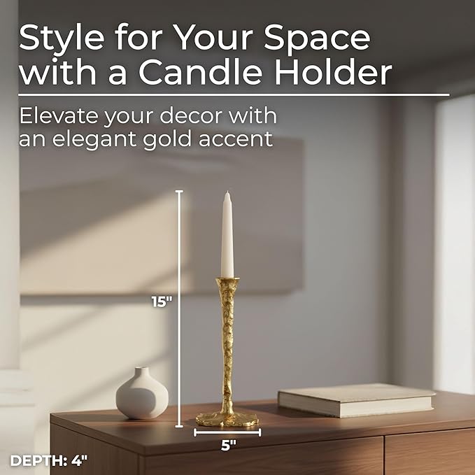 Aluminum Taper Candle Holder – Candle Stand for Table Decor, Living Room or Bedroom – Modern Hammered Design – Elegant Home Decor Accent – Candle Holder for Stylish Tabletop – 15", Gold