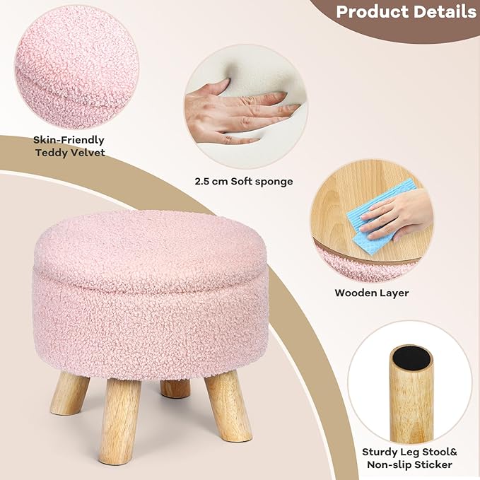 OGEMXU Ottoman Foot Rest, Small Round Ottoman with Storage, Boucle Teddy Velvet Footstool with Wood Legs, Soft Sponge Storage Ottoman for Living Room, Bedroom, Couch, Enterway (Pink)