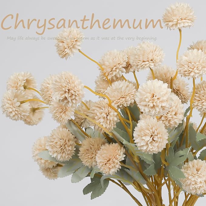12 Pcs Beige Fake Flowers for Vase, 50 Heads Faux Silk Mums with Eucalyptus, Artificial Flowers with Long Stem, Chrysanthemums for Wedding Centerpieces Floral Arrangements Home Decor