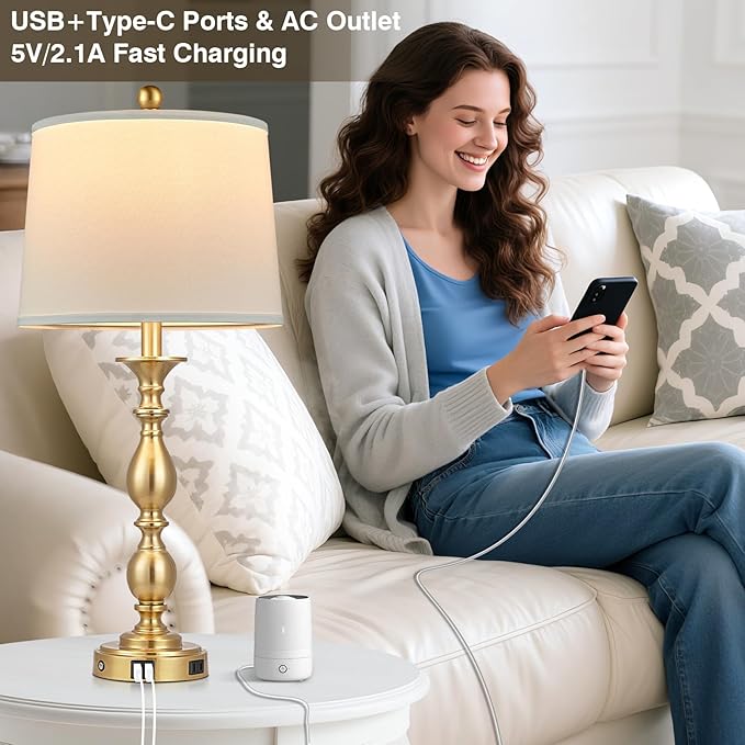 28" Tall Modern Table Lamps Set of 2 with USB A+C Ports and AC Outlet, 3 Way Touch Metal Bedside Lamps for Bedroom, Gold Farmhouse Nightstand Lamps for Living Room